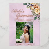  Photo & Floral on Pastel Pink Quinceanera  箔招待状 (正面)