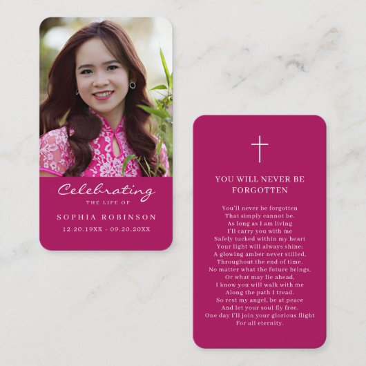 Photo Funeral Memorial Pink Prayer Card 名刺 (正面/裏面)