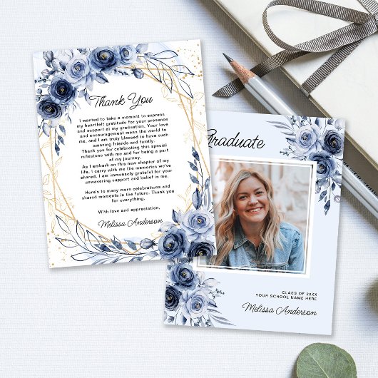Photo Graduate Navy青い花ありがとう サンキューカード