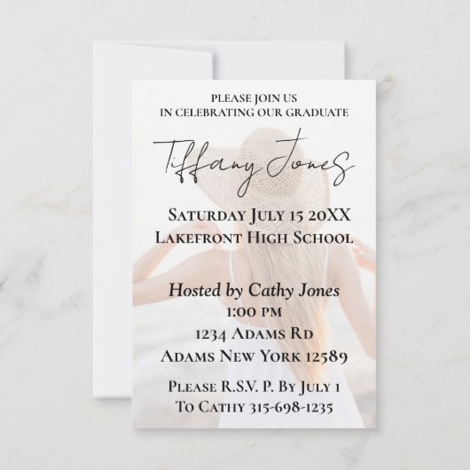 Photo Graduation Invitation with Script Typography カード (裏面)