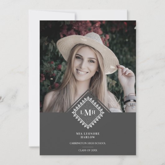 Photo Graduation Party Chic Initial Lace Romantic  招待状 (正面)