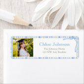 Photo Graduation Return Address Labels Blue Bow ラベル (インサイチュ)
