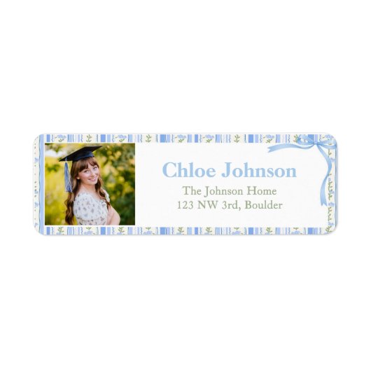 Photo Graduation Return Address Labels Blue Bow ラベル (正面)