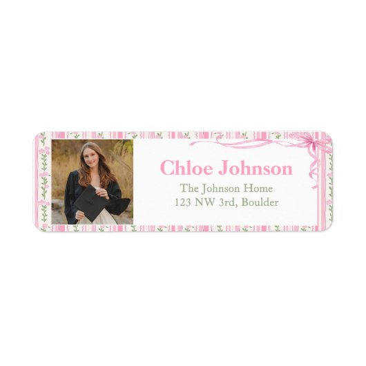 Photo Graduation Return Address Labels Pink Bow ラベル (正面)