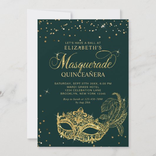 Photo Green Gold Glitter Masquerade Quinceañera 招待状 (正面)
