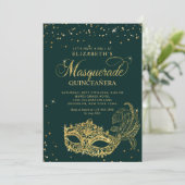 Photo Green Gold Glitter Masquerade Quinceañera 招待状 (スタンド正面)
