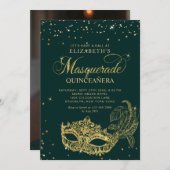 Photo Green Gold Glitter Masquerade Quinceañera 招待状 (正面/裏面)