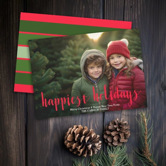 Photo - Happiest Holidays Modern Script - ストライプ シーズンカード