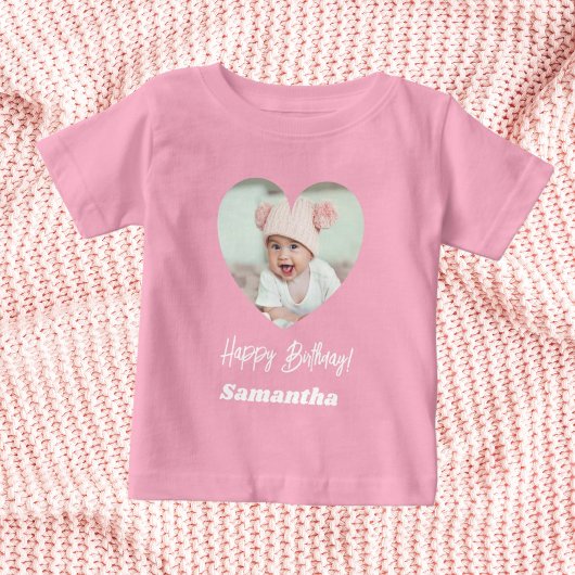 Photo heart name birthday girl pink ベビーTシャツ
