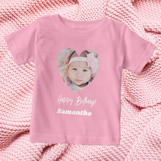 Photo heart name birthday girl pink ベビーTシャツ