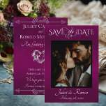 Photo & Heart Save the Date on Plum セーブザデート<br><div class="desc">This romantic design features a placeholder for photo of the couple and names on the front as well as date of event. The back embellished with a silver heart has room for more information. Also available with different colored backgrounds for your wedding theme colors. Designed to coordinate with the "Romantic...</div>