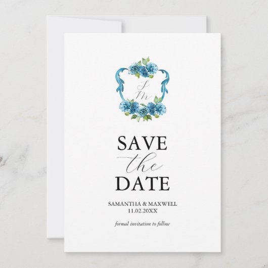 Photo Hydrangea Monogram Save The Date 招待状 (正面)