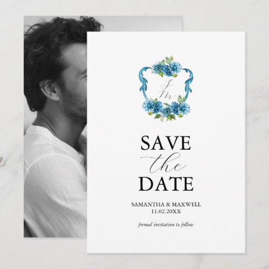 Photo Hydrangea Monogram Save The Date 招待状 (正面/裏面)
