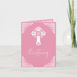 Photo Invitation For Christening Cross Rose Pink シーズンカード