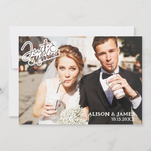 Photo Just Married Modern Script Heart Wedding 案内状 (正面)