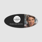  Photo Logo Black White Simple Oval 名札 (正面)