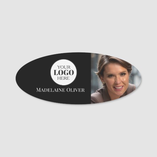  Photo Logo Black White Simple Oval 名札 (正面)