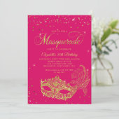 Photo Magenta Pink Gold Masquerade Birthday 招待状 (スタンド正面)