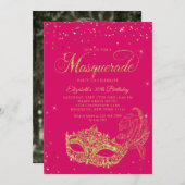 Photo Magenta Pink Gold Masquerade Birthday 招待状 (正面/裏面)