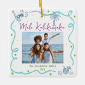 Photo Mele Kalikimaka Blue Purple Doodle Christmas セラミックオーナメント (正面)