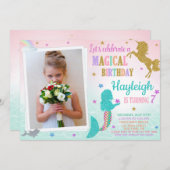 Photo MermaidとUnicorn誕生日の招待状 招待状 (正面/裏面)