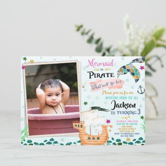 Photo Mermaid and Pirateの誕生日の招待状 招待状 (スタンド正面)