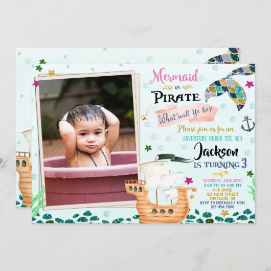 Photo Mermaid and Pirateの誕生日の招待状 招待状 (正面/裏面)