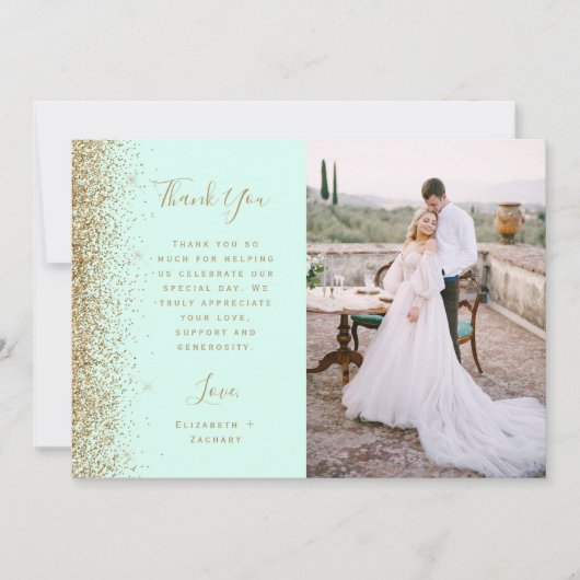 Photo Mint Green Gold Glitter Script Wedding サンキューカード (正面)