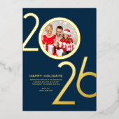 Photo Modern Bold Navy Blue 2026 Holiday Gold Card 箔招待状 (正面)