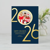 Photo Modern Bold Navy Blue 2026 Holiday Gold Card 箔招待状 (立ち正面)