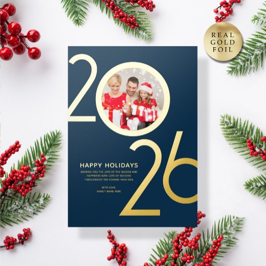 Photo Modern Bold Navy Blue 2026 Holiday Gold Card 箔招待状