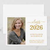 Photo Modern Gold Graduation 2026 Announcement 招待状 (正面/裏面)