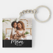 Photo Mom Established Date White Script on Black キーホルダー (裏面)