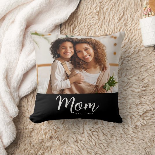 Photo Mom Established Date White Script on Black クッション (ブランケット)