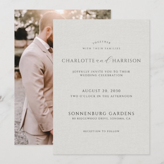 Photo Monogram White Faux Linen Wedding Invitation 招待状 (正面/裏面)