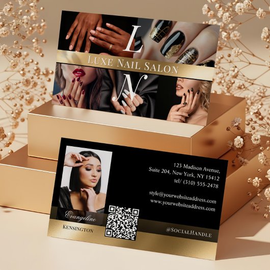 Photo Nail Art Technician Luxe Monogram Black Gold 名刺