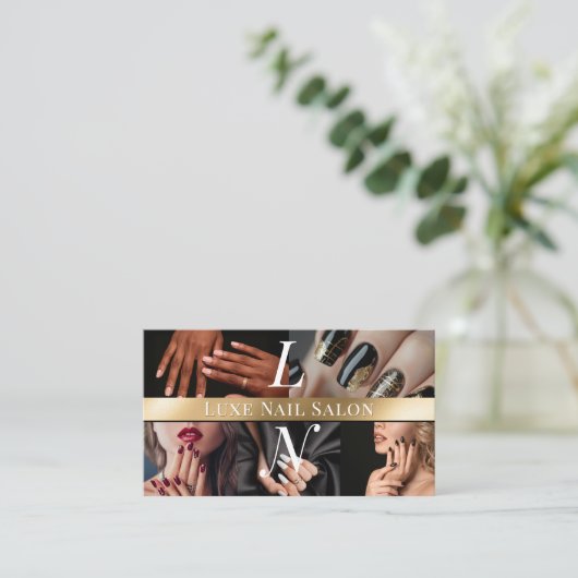 Photo Nail Art Technician Luxe Monogram Black Gold 名刺 (スタンド正面)