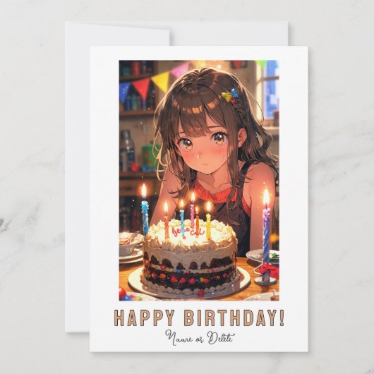 *PHOTO NAME Birthday Cake ANIME Young Girl  招待状 (正面)