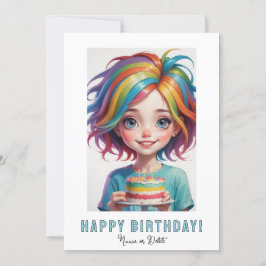 *PHOTO NAME Birthday Card Girl Cake Rainbow 招待状