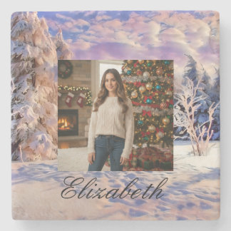 Photo Name Winter Scenery Purple Pink Watercolor  ストーンコースター