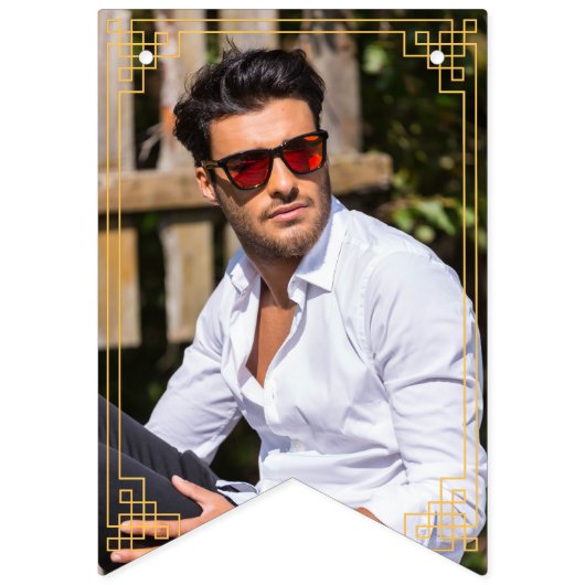 Photo Navyと金ゴールドアールデコフレームハッピーバースデー バンティングフラッグ (第1の旗)