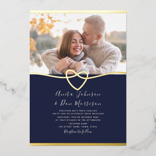 Photo Navyと金ゴールドロープ結婚ハート 箔招待状 (正面)