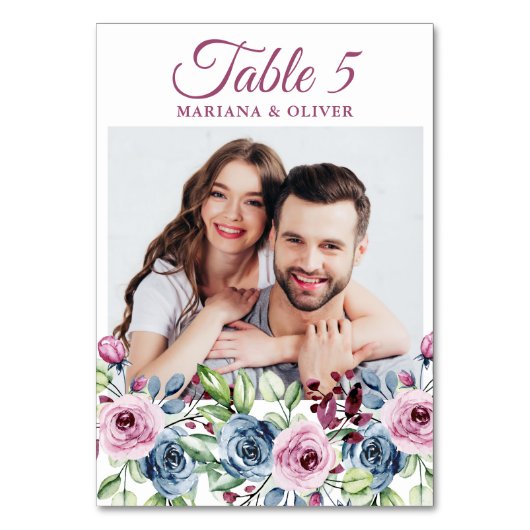 Photo Navy Blue Burgundyフローラ結婚のテーブル番号 テーブルナンバー (正面)