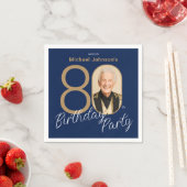 Photo Navy Blue Gold Elegant Custom 80th Birthday スタンダードカクテルナプキン (インサイチュ)