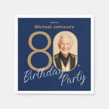Photo Navy Blue Gold Elegant Custom 80th Birthday 