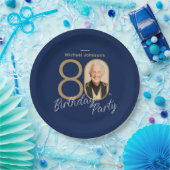 Photo Navy Blue Gold Elegant Custom 80th Birthday  ペーパープレート (パーティー)