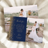 Photo Navy Blue Gold Glitter Script Wedding サンキューカード