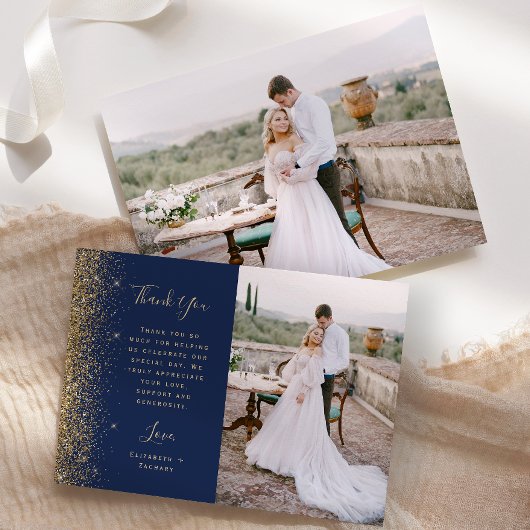 Photo Navy Blue Gold Glitter Script Wedding サンキューカード