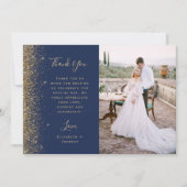 Photo Navy Blue Gold Glitter Script Wedding サンキューカード (正面)
