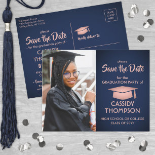 Photo Navy Pink Rose金ゴールド卒業Save the Date ポストカード